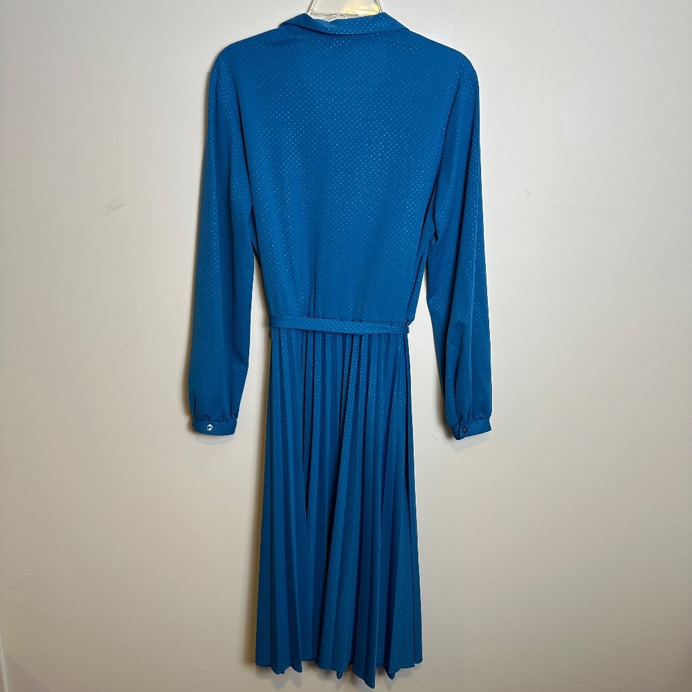 VINTAGE Waist Tie Knife Pleat Button Front Midi Dress, Blue | Sz L/XL - Picture 5 of 8